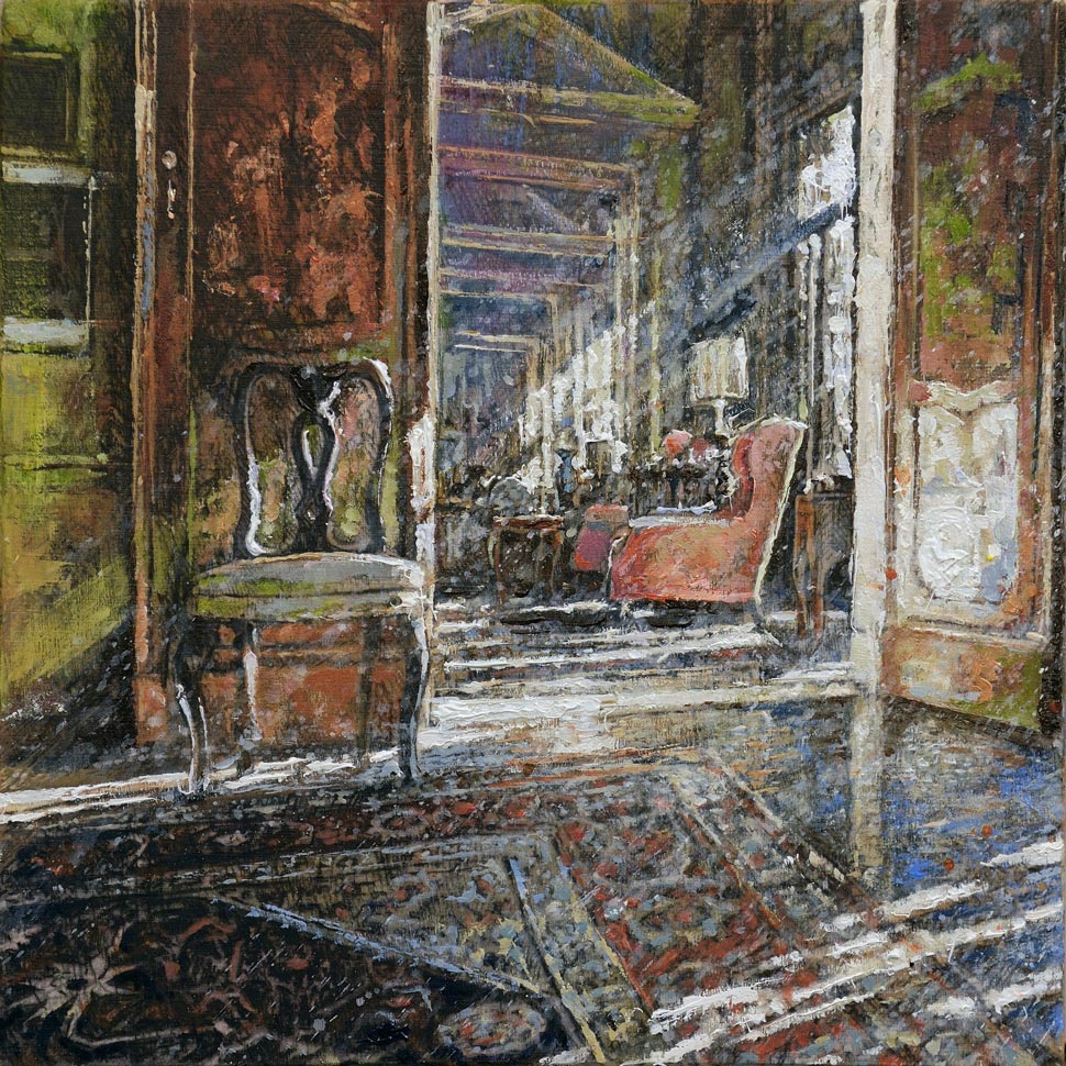 MINOTTO RAFFAELE, Verso il salotto rosso, 2018, olio su tavola, 20x20 cm